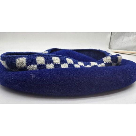 Vintage Blue Wool Beret With Pom Pom & Checkered Inner Band - Picture 3 of 5